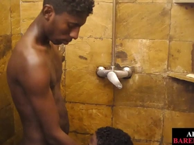 Slim african blows dong in shower before unsaddled sex